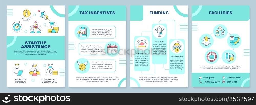 Startup assistance mint brochure template. Tax incentives. Leaflet design with linear icons. Editable 4 vector layouts for presentation, annual reports. Arial-Black, Myriad Pro-Regular fonts used. Startup assistance mint brochure template