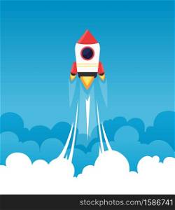 Startup background. Rocket in cloudy fluffy sky goes to the moon business concept of launch startup project vector. Illustration of rocket launch, startup business. Startup background. Rocket in cloudy fluffy sky goes to the moon business concept of launch startup project vector
