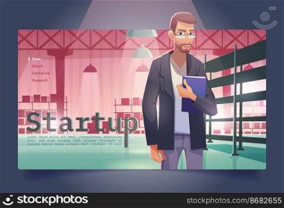 Startup banner with businessman in warehouse. Vector landing page of new business launch with cartoon illustration of man with folder in storage room with empty shelves. Startup banner with businessman in warehouse
