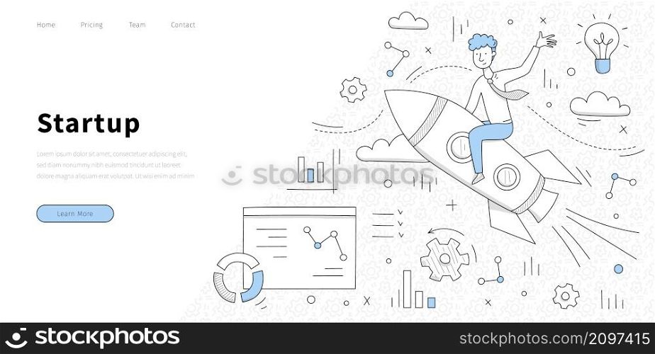Startup banner with man fly on rocket. Concept of launch and management new business project. Vector landing page of start up company with doodle illustration of man on spaceship, charts and diagram. Vector landing page of business startup