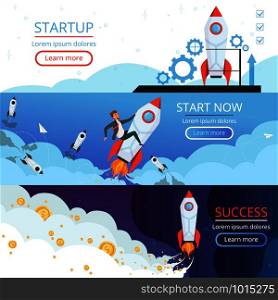 Startup banners. New idea or creative business launch rocket ship or shuttle symbol of first project vector concept pictures. Rocket ship startup, idea business launch illustration. Startup banners. New idea or creative business launch rocket ship or shuttle symbol of first project vector concept pictures