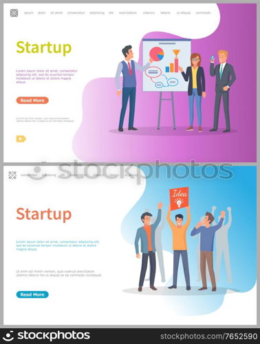 Startup beginning of new project vector. People with happy faces with idea on banner in hands. Diagram and info charts, infographics on board. Website or webpage template, landing page flat style. Presenter Giving Ideas to Partners Investors Web