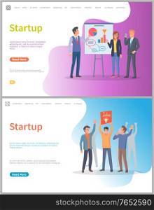 Startup beginning of new project vector. People with happy faces with idea on banner in hands. Diagram and info charts, infographics on board. Website or webpage template, landing page flat style. Presenter Giving Ideas to Partners Investors Web