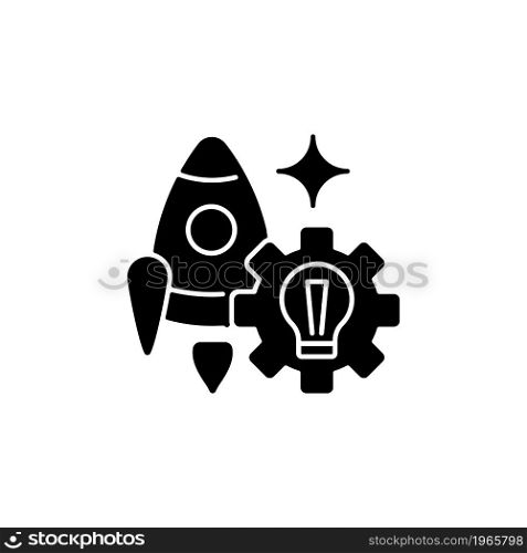 Startup black glyph icon. Small business foundation. Company development plan. Innovative business model. Team project opening. Silhouette symbol on white space. Vector isolated illustration. Startup black glyph icon