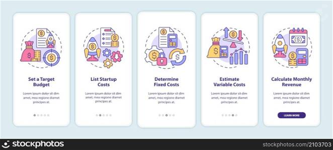 Startup budgeting onboarding mobile app screen. Finance projection walkthrough 5 steps graphic instructions pages with linear concepts. UI, UX, GUI template. Myriad Pro-Bold, Regular fonts used. Startup budgeting onboarding mobile app screen