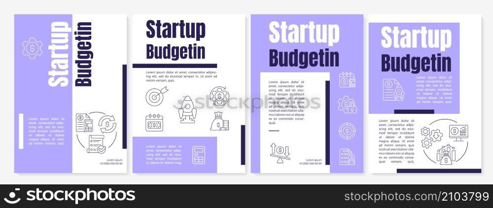 Startup budgeting purple brochure template. Financial planning. Booklet print design with linear icons. Vector layouts for presentation, annual reports, ads. Anton, Lato-Regular fonts used. Startup budgeting purple brochure template