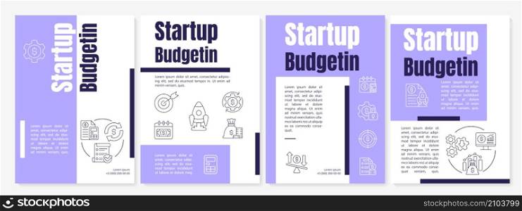 Startup budgeting purple brochure template. Financial planning. Booklet print design with linear icons. Vector layouts for presentation, annual reports, ads. Anton, Lato-Regular fonts used. Startup budgeting purple brochure template