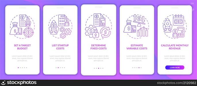 Startup budgeting purple gradient onboarding mobile app screen. Walkthrough 5 steps graphic instructions pages with linear concepts. UI, UX, GUI template. Myriad Pro-Bold, Regular fonts used. Startup budgeting purple gradient onboarding mobile app screen