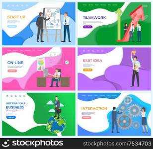 Startup business best idea of businessman, award prize in hand of man vector. Online interaction with customers, international deals around world. Startup Business Best Idea of Businessman, Award