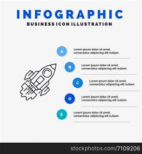 Startup, Business, Goal, Launch, Mission, Spaceship Line icon with 5 steps presentation infographics Background