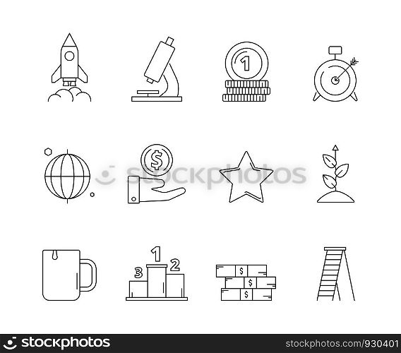Startup business icon. Creative exploring marketing development strategy and new ideas vector outline web symbols. Startup development icons, business start, finance investment illustration. Startup business icon. Creative exploring marketing development strategy and new ideas vector outline web symbols