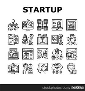 Startup Business Idea Launching Icons Set Vector. Planning Strategy And Launch Startup Company, Businessman Presentation Plan And Reporting Achievement. Product Patent Black Contour Illustrations. Startup Business Idea Launching Icons Set Vector