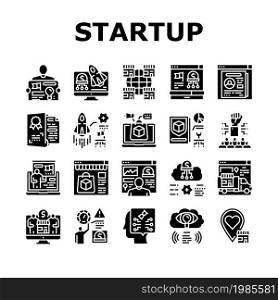 Startup Business Idea Launching Icons Set Vector. Planning Strategy And Launch Startup Company, Businessman Presentation Plan Reporting Achievement. Product Patent Glyph Pictograms Black Illustrations. Startup Business Idea Launching Icons Set Vector