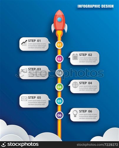 Startup business infographics with 6 data template. Vector illustration abstract rocket paper art on blue background.