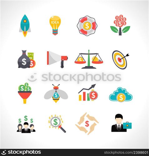 Startup business money raising crowdfunding solution flat icons set with starting rocket abstract isolated vector illustration. Startup crowdfunding flat icons set