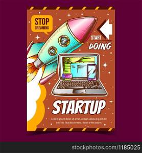 Startup Business Project Advertising Poster Vector. Space Exploring Launch Rocket, Banking Card And Smartphone On Laptop Device For Startup. Hand Drawn In Retro Style Color Illustration. Startup Business Project Advertising Poster Vector