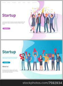 Startup business solution, new ideas vector. People celebrating success, innovative decision, achievement of great results confetti and gold prize. Website or webpage template, landing page flat style. Startup Working People Happy of Triumph Prize