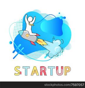 Startup business vector, man wearing tie businessman riding flying launches rocket with smoke, development of project, successful job and results. Startup Business Development and Rocket Launch