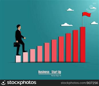 Startup career concept. Businessman walking up to on growth chart success, Achievement, Leadership, Vision, Stair, Vector illustration