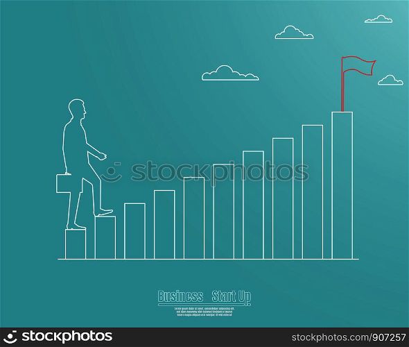 Startup career concept. Businessman walking up to on growth chart success, Achievement, Line, Leadership, Vision, Stair, Vector illustration