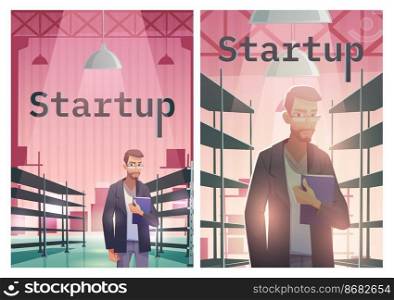 Startup cartoon poster, successful businessman with document folder in hand stand at warehouse with empty racks launch company start up business project or new idea, vector concept, illustration. Startup cartoon poster, successful businessman
