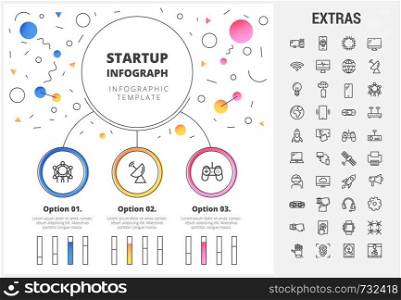 Startup circle infographic template, elements and icons. Infograph includes customizable bar charts, line icon set with startup rocket, business launch, network technology, internet connection etc. Startup infographic template, elements and icons.