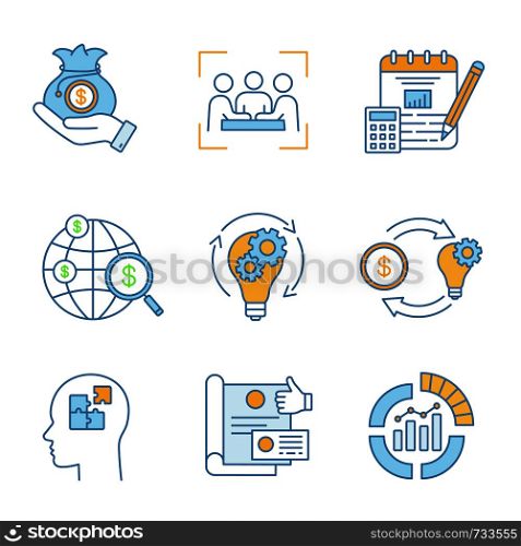 Startup color icons set. Venture capital, businessmen, accounting, search funding, ideas, crowdfunding, solution, branding, IPO. Isolated vector illustrations. Startup color icons set