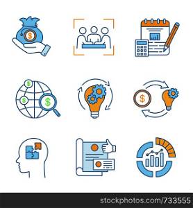 Startup color icons set. Venture capital, businessmen, accounting, search funding, ideas, crowdfunding, solution, branding, IPO. Isolated vector illustrations. Startup color icons set