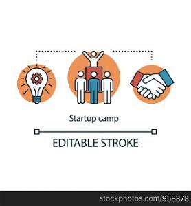 Startup company camp concept icon. Investors, shareholders help idea thin line illustration. Business employee bootcamp. Leadership school. Vector isolated outline drawing. Editable stroke