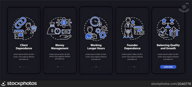 Startup company structure tips onboarding mobile app page screen. Project walkthrough 5 steps graphic instructions with concepts. UI, UX, GUI vector template with linear night mode illustrations. Startup company structure tips onboarding mobile app page screen