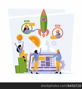 Startup concept. Business characters analyzing successful interesting project team working of manager consult developers vector background in flat style. Illustration of business startup success. Startup concept. Business characters analyzing successful interesting project team working of manager consult developers garish vector colored background in flat style