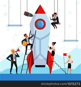 Startup concept. Business characters launch new project shuttle rocket symbols success startup freedom dream ship vector illustration. Business team startup, launch and development spaceship. Startup concept. Business characters launch new project shuttle rocket symbols success startup freedom dream ship vector illustration