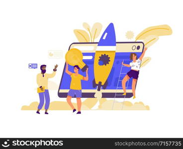 Startup concept. Cartoon business characters on project development and product lunch. Vector isolated drawing illustrations marketing strategy template with business concept creative ideas. Startup concept. Cartoon business characters on project development and product lunch. Vector marketing strategy template