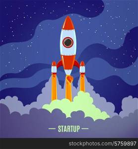Startup concept with flat cartoon stylized rocket launch poster vector illustration. Startup Rocket Launch