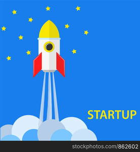 startup concept with rocket, sky and stars, stock vector illustration