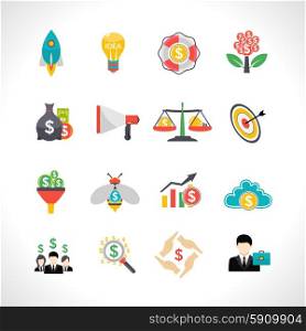 Startup crowdfunding flat icons set. Startup business money raising crowdfunding solution flat icons set with starting rocket abstract isolated vector illustration