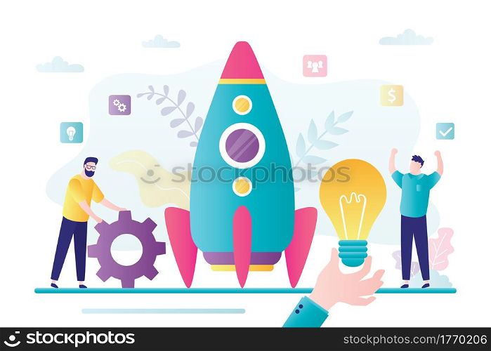 Startup development concept. Group of business people create new business. Big hand give new business idea. Rocket getting ready to launch. Teamwork and brainstorming. Trendy style vector illustration.. Startup development concept. Group of business people create new business. Big hand give new business idea.
