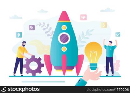 Startup development concept. Group of business people create new business. Big hand give new business idea. Rocket getting ready to launch. Teamwork and brainstorming. Trendy style vector illustration.. Startup development concept. Group of business people create new business. Big hand give new business idea.