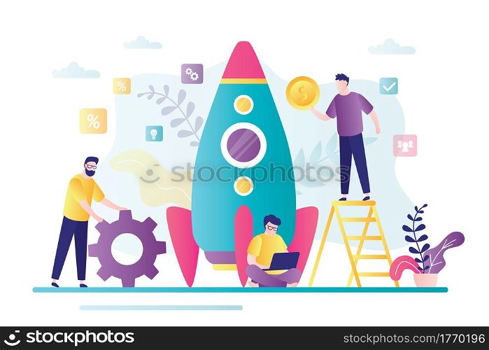 Startup development concept. Group of business people create new business. Investing in new company. Rocket getting ready to launch. Teamwork and brainstorming. Trendy style vector illustration. Startup development concept. Group of business people create new business. Investing in new company.