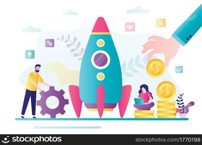 Startup development concept. Group of business people create new business. Investing in new company. Rocket getting ready to launch. Teamwork and brainstorming. Trendy style vector illustration.. Startup development concept. Group of business people create new business. Investing in new company
