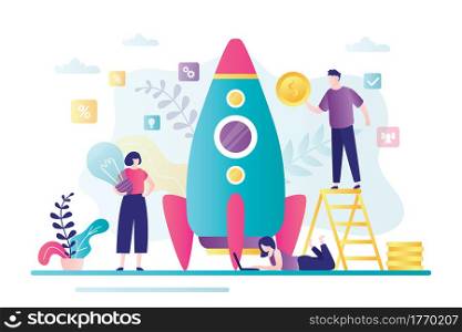 Startup development concept. Male investor with money and female character with new business idea. Teamwork, Business people create new business. Rocket getting ready to launch. Vector illustration. Startup development concept. Male investor with money and female character with new business idea. Teamwork,