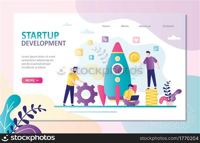 Startup development landing page template. Group of business people create new business. Investing in new company. Rocket getting ready to launch. Teamwork, brainstorming concept. Vector illustration. Startup development landing page template. Group of business people create new business. Investing in new company.