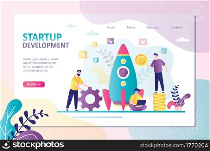 Startup development landing page template. Group of business people create new business. Investing in new company. Rocket getting ready to launch. Teamwork, brainstorming concept. Vector illustration. Startup development landing page template. Group of business people create new business. Investing in new company.