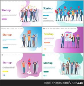 Startup development of new business project vector. People with presentation, success and achievement of goals, launching of flying rocket. Website or webpage template, landing page flat style. Startup People Working in Office, Business Ideas