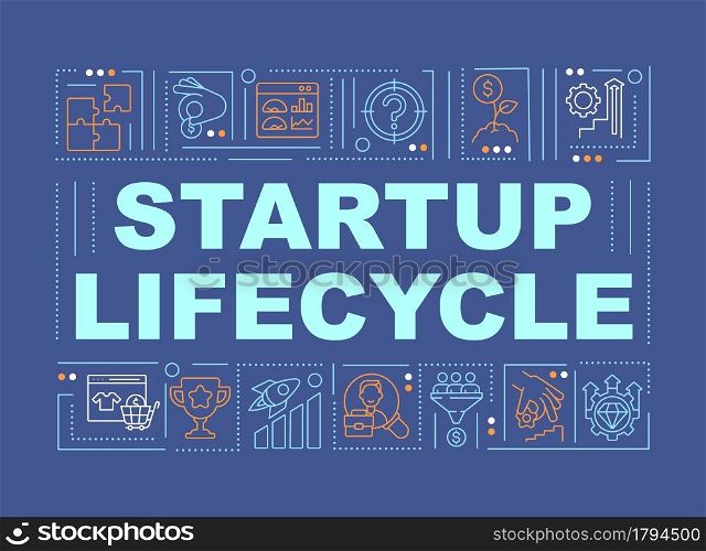 Startup development word concepts banner. Phases for business progress. Infographics with linear icons on blue background. Isolated creative typography. Vector outline color illustration with text. Startup development word concepts banner