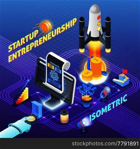 Startup entrepreneurship isometric composition on blue gradient background with spaceship launch, computer technologies, investment, resources vector illustration. Startup Entrepreneurship Isometric Composition
