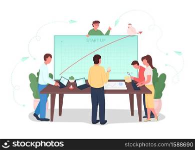 Startup flat concept vector illustration. Teamwork on project development. Analyzing financial chart. Brainstorming team 2D cartoon characters for web design. Launching company creative idea. Startup flat concept vector illustration