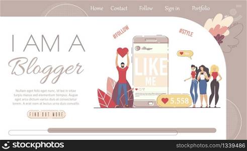 Startup for Content Creator, Popular Blogger, Live Video Streamer Personal Blog Web Banner, Landing Page Template. Man and Women Posting, Sharing, Liking Content Online Trendy Flat Vector Illustration