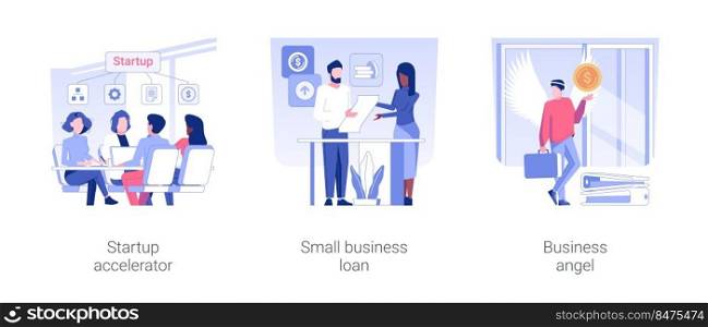 Startup funding isolated concept vector illustration set. Startup accelerator, small business loan, business angel, find a mentor to raise money, financial help to entrepreneur vector cartoon.. Startup funding isolated concept vector illustrations.