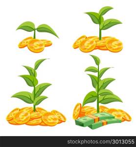 Startup Growth Concept Vector. Tree Growing On A Golden Coins. Growth Funds Economy Concept. Success Project. Isolated Flat Cartoon Illustration. Business Growth Concept Vector. Tree Growing On Coins. Success Company. Stack Money Coins. Isolated Flat Cartoon Illustration